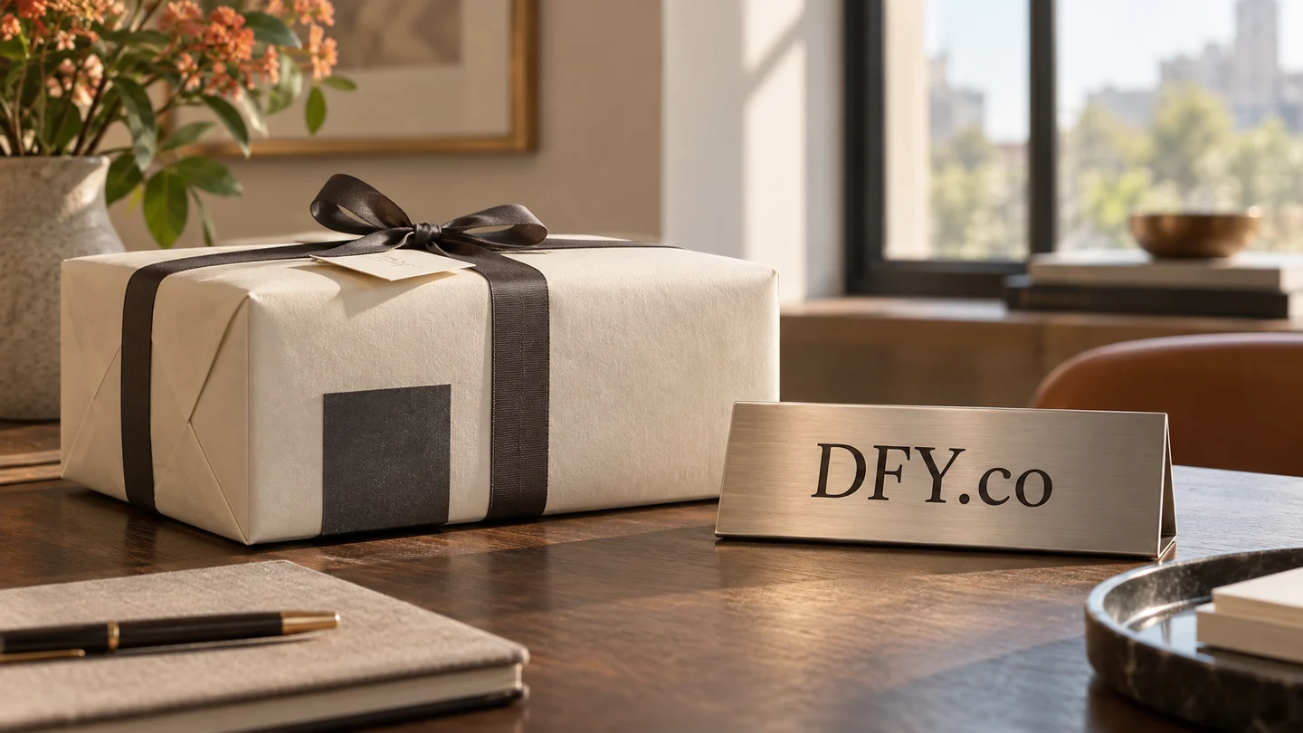 A finished package and brushed metal DFY.co nameplate in a sunlit studio
